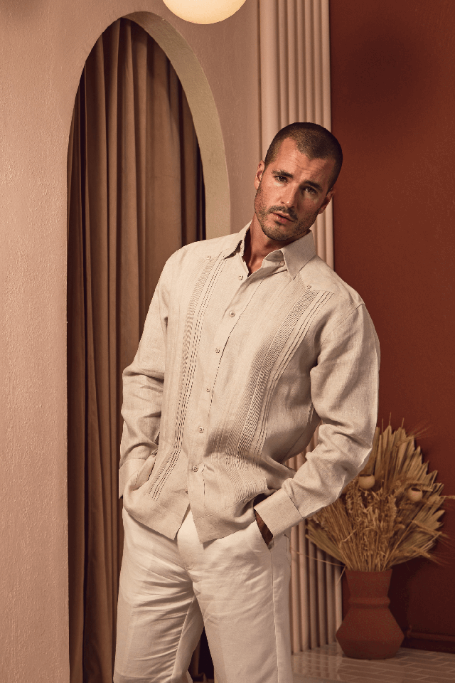 guayabera formal dress code Men's Linen Guayabera French Cuff Long Sleeve Shirt XX-Large / WHITE-BLUE